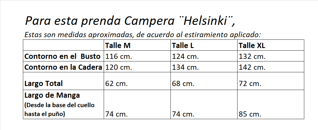 Tabla medidas Campera Helsinki