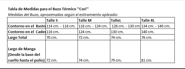 Tabla de medidas para Buzo Térmico ¨CORI¨